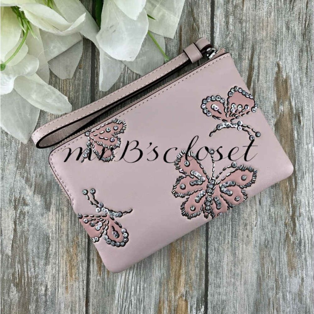 Authentic Coach Corner Zip Wristlet in Sparkly Butterfly Print Wallet Bag Purse